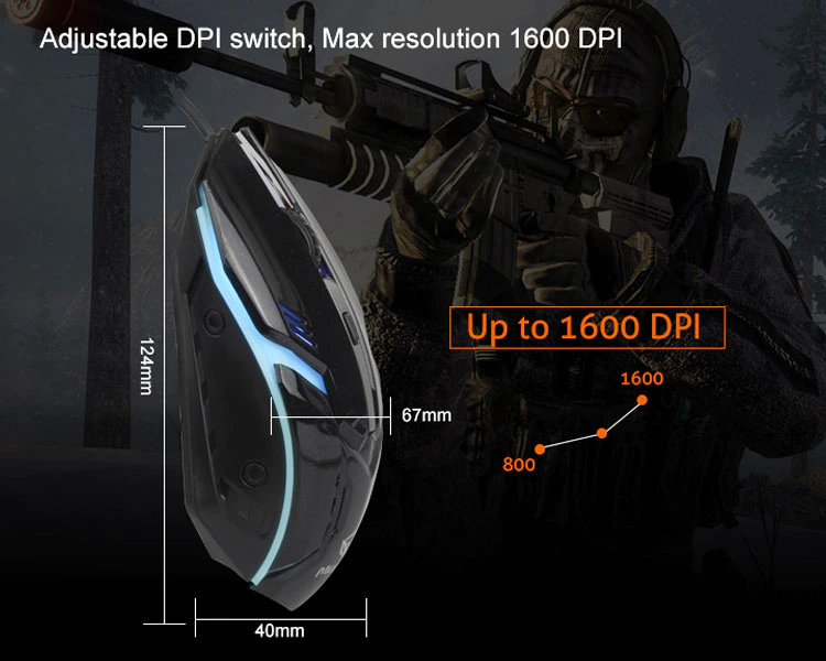 Adiustable DPI switch, Max resolution 1600 DPI
